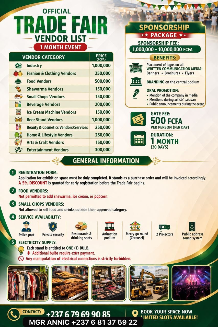Official Bamenda Trade Fair poster: gate fee, stand categories, and sponsorship information